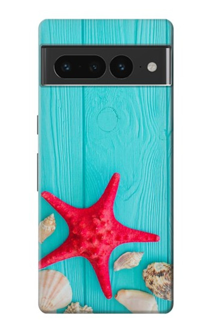 W3428 Aqua Wood Starfish Shell Funda Carcasa Case y Caso Del Tirón Funda para Google Pixel 7 Pro