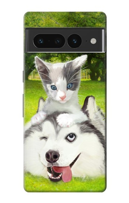W3795 Kitten Cat Playful Siberian Husky Dog Paint Funda Carcasa Case y Caso Del Tirón Funda para Google Pixel 7 Pro