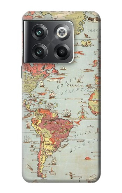 W3418 Vintage World Map Funda Carcasa Case y Caso Del Tirón Funda para OnePlus Ace Pro