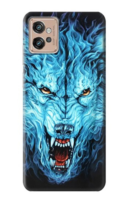 W0752 Blue Fire Grim Wolf Funda Carcasa Case y Caso Del Tirón Funda para Motorola Moto G32