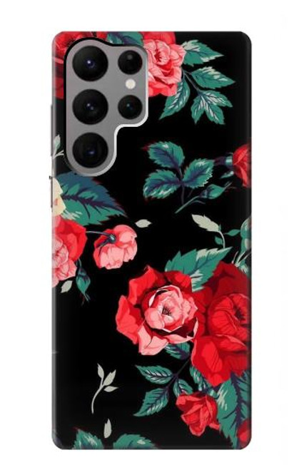 W3112 Rose Floral Pattern Black Funda Carcasa Case y Caso Del Tirón Funda para Samsung Galaxy S23 Ultra