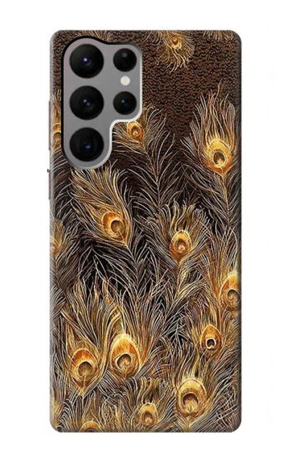 W3691 Gold Peacock Feather Funda Carcasa Case y Caso Del Tirón Funda para Samsung Galaxy S23 Ultra