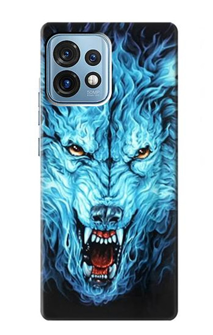 W0752 Blue Fire Grim Wolf Funda Carcasa Case y Caso Del Tirón Funda para Motorola Edge+ (2023), X40, X40 Pro, Edge 40 Pro