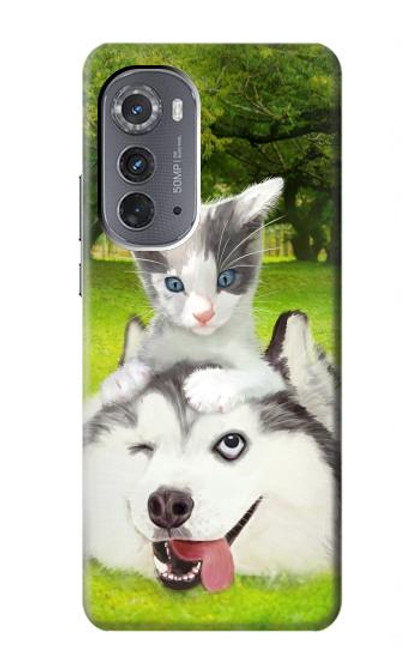 W3795 Kitten Cat Playful Siberian Husky Dog Paint Funda Carcasa Case y Caso Del Tirón Funda para Motorola Edge (2022)