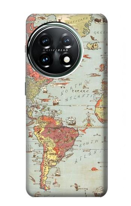 W3418 Vintage World Map Funda Carcasa Case y Caso Del Tirón Funda para OnePlus 11