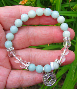 16 Green Amazonite Beads with 6 Clear Quartz beads with or without Chinese Coin