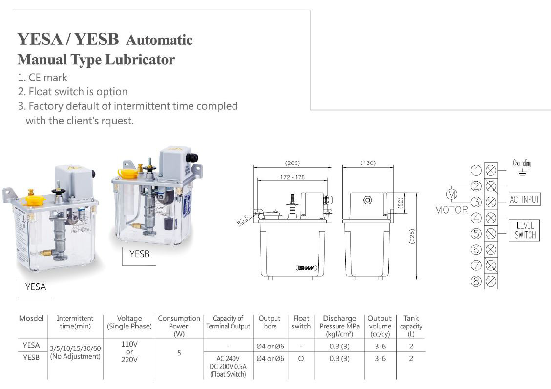 Specifications for YESA Automatic Manual Type Lubricator including weight, height, width, depth, output volume, maximum output pressure, tank capacity, voltage options, and output bore. Ideal for precise and efficient industrial machinery lubrication.