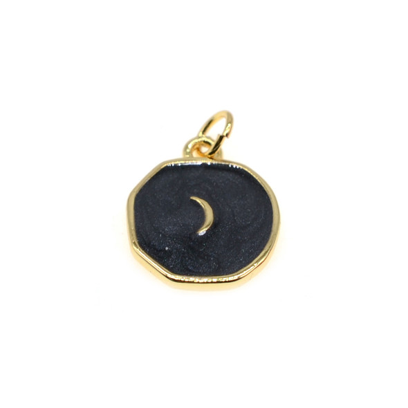 13x15mm Enamel One Side Hexagon Black Pearl Moon Charm (Gold Plated) - 2/Pack