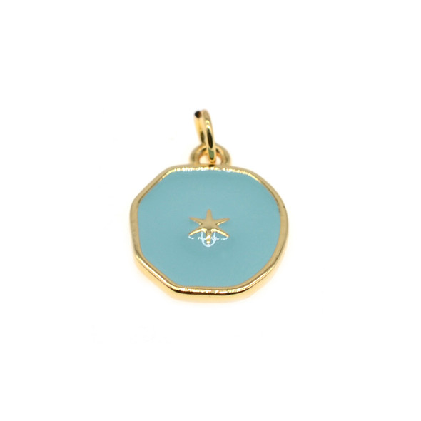 13x15mm Enamel One Side Hexagon Light Turquoise Star Charm (Gold Plated) - 2/Pack