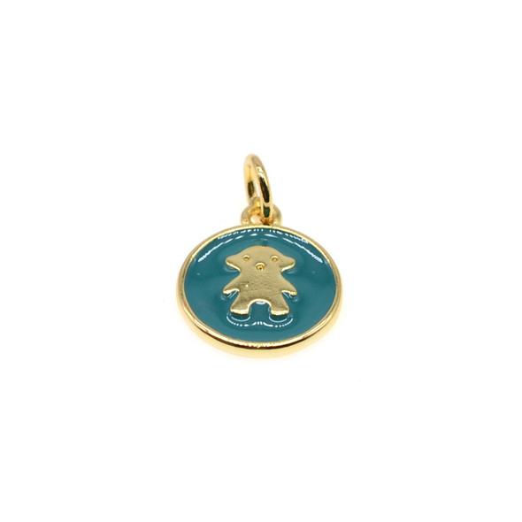 11mm Enamel One Side Turquoise Bear Coin Charm (Gold Plated) - 2/Pack