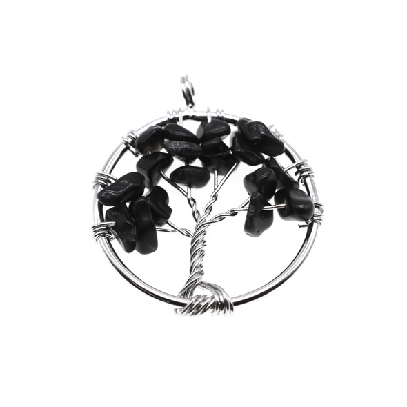 Tree of Life Wire Wrapping Stone Pendant Part 28mm - Black Rainbow Obsidian
