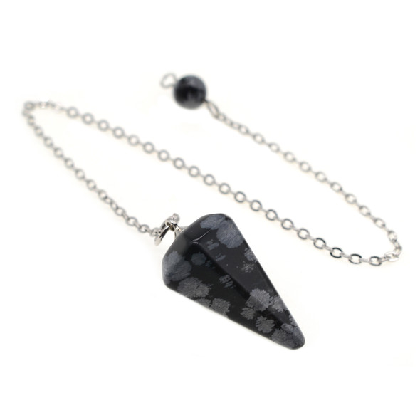 Stone Dowsing Pendulum Pendant with Chain 16x34mm (7 inch chain) -  Snowflake Obsidian