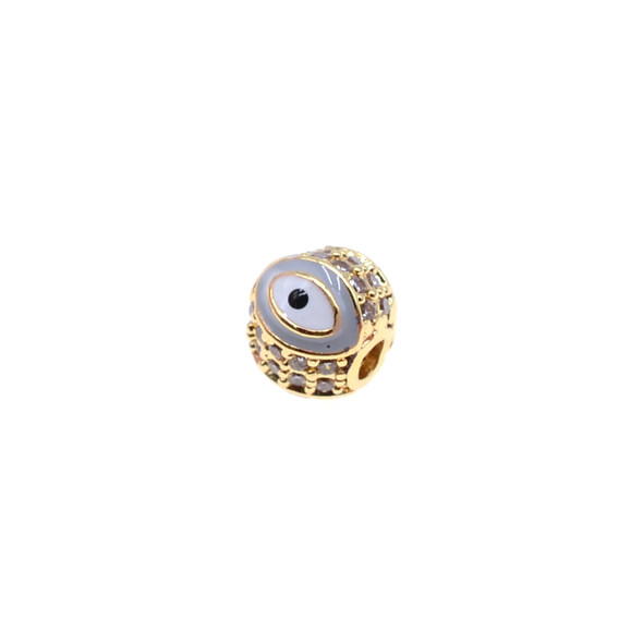 8mm Enamel Microset White CZ Evil Eye Round Beads - Grey (Gold Plated) - 2/Pack