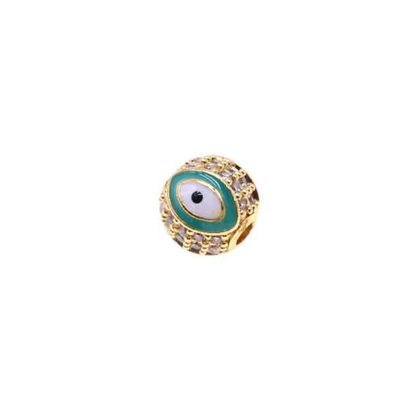 8mm Enamel Microset White CZ Evil Eye Round Beads - Green (Gold Plated) - 2/Pack