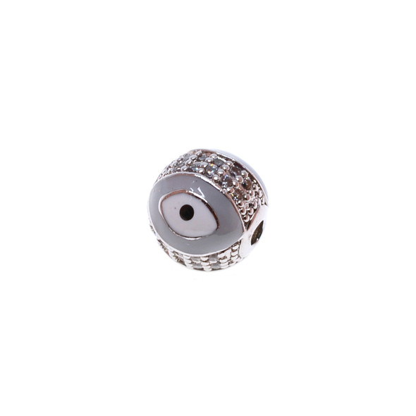 10mm Enamel Microset White CZ Evil Eye Round Beads - Grey (Rhodium Plated) - 2/Pack