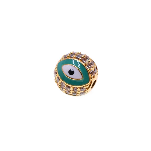 10mm Enamel Microset White CZ Evil Eye Round Beads - Green (Gold Plated) - 2/Pack