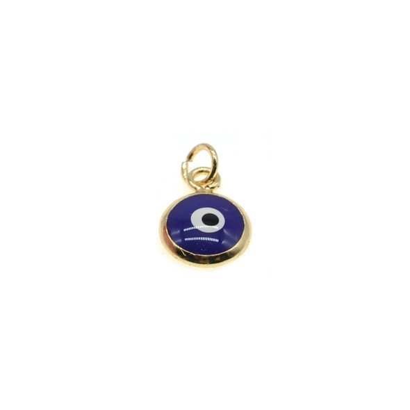 8mm Enamel Evil Eye Round Charm - Dark Blue (Gold Plated) - 4/Pack