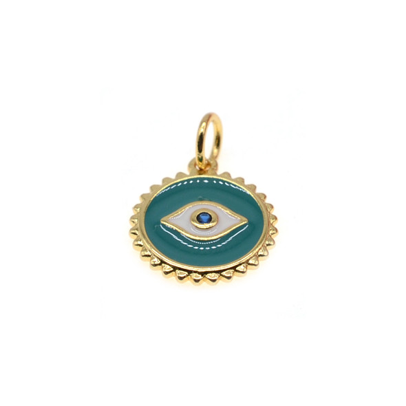 13mm Enamel Evil Eye Coin Charm - Turquoise (Gold Plated) - 2/Pack