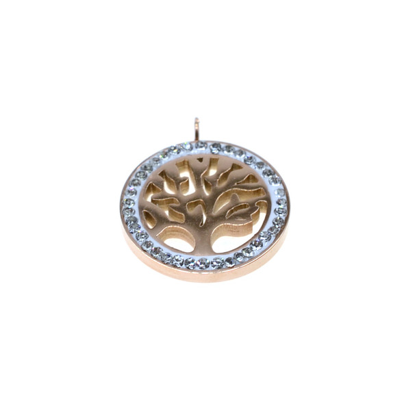 Stainless Steel Charm Circle Disc Tree of Life Pave 15mm - Rose Gold