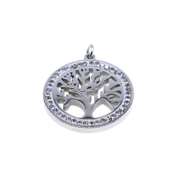 Stainless Steel Charm Circle Disc Tree of Life Pave 18mm