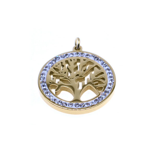 Stainless Steel Charm Circle Disc Tree of Life Pave 18mm - Gold