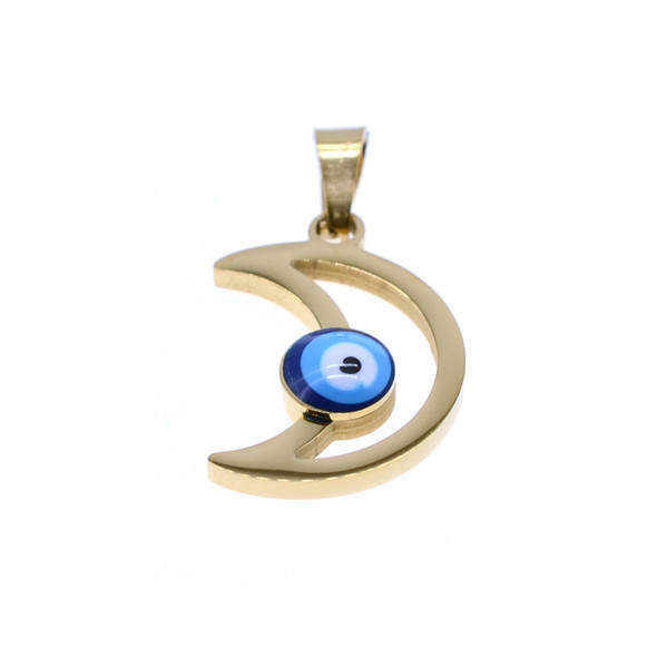 Stainless Steel Charm Moon with Evil Eye 14x24mm - Gold