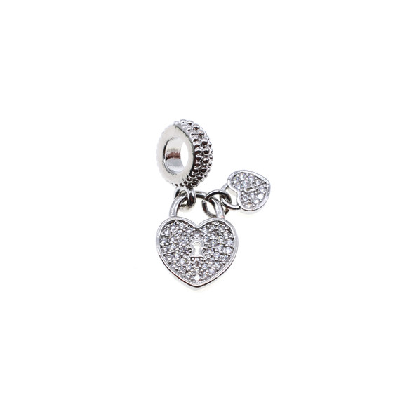 11mm + 6mm Microset White CZ Double Heart Spacer (ID 4mm) Charm (Rhodium Plated)  - 2/Pack
