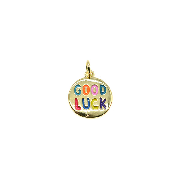 13mm Flat Enamel Medallion GOOD LUCK Charm - Multicolor (Gold Plated) - 4/Pack