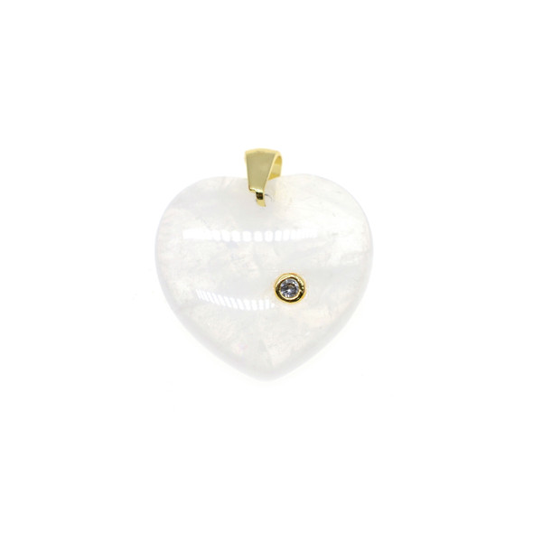 Heart with CZ Stone Pendant Part 22mm - Gold Plated - White Quartz
