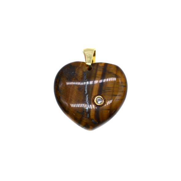 Heart with CZ Stone Pendant Part 22mm - Gold Plated - Tiger Eye