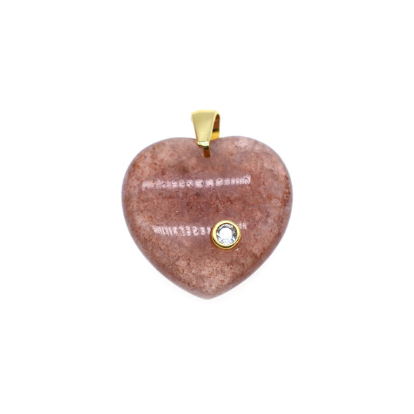 Heart with CZ Stone Pendant Part 22mm - Gold Plated - Strawberry Quartz