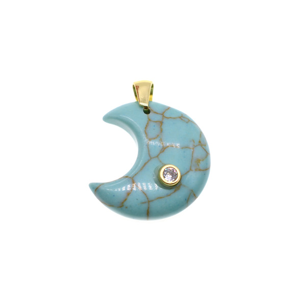 Moon with CZ Stone Pendant Part 23mm - Gold Plated - Stabilized Turquoise