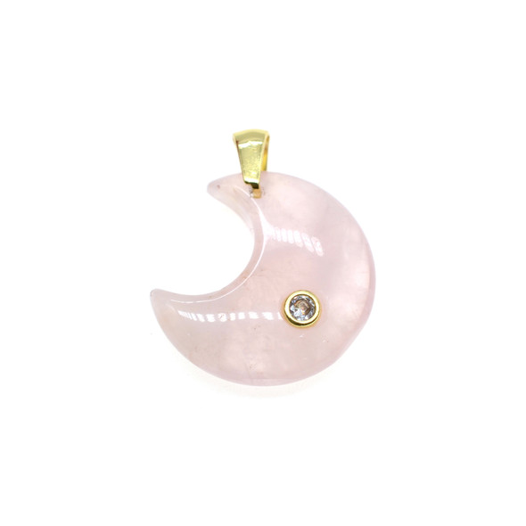 Moon with CZ Stone Pendant Part 23mm - Gold Plated - Rose Quartz