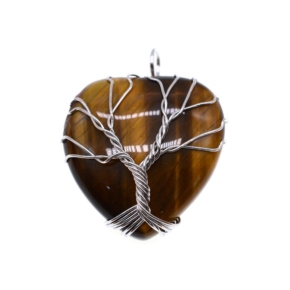 Tree of Life Wire Wrapping Heart Shape Stone Pendant Part 30mm - Tiger Eye