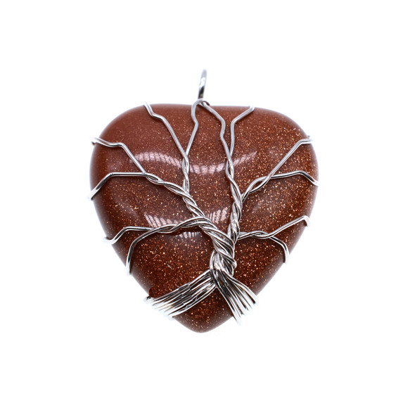Tree of Life Wire Wrapping Heart Shape Stone Pendant Part 30mm - Brown Gold Stone