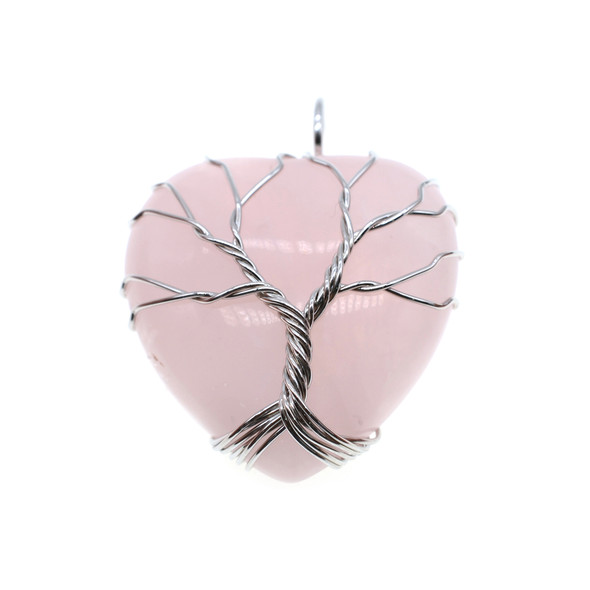 Tree of Life Wire Wrapping Heart Shape Stone Pendant Part 30mm - Rose Quartz