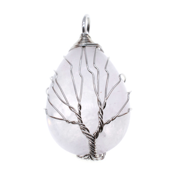 Tree of Life Wire Wrapping Teardrop Shape Stone Pendant Part 25x36mm - White Quartz