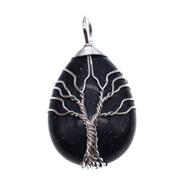 Tree of Life Wire Wrapping Teardrop Shape Stone Pendant Part 25x36mm - Blue Gold Stone