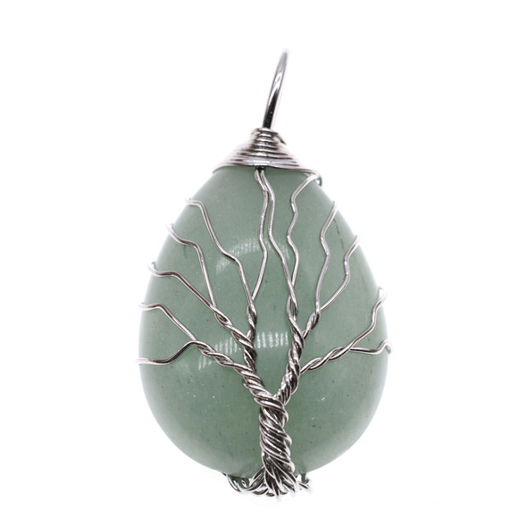 Tree of Life Wire Wrapping Teardrop Shape Stone Pendant Part 25x36mm - Aventurine