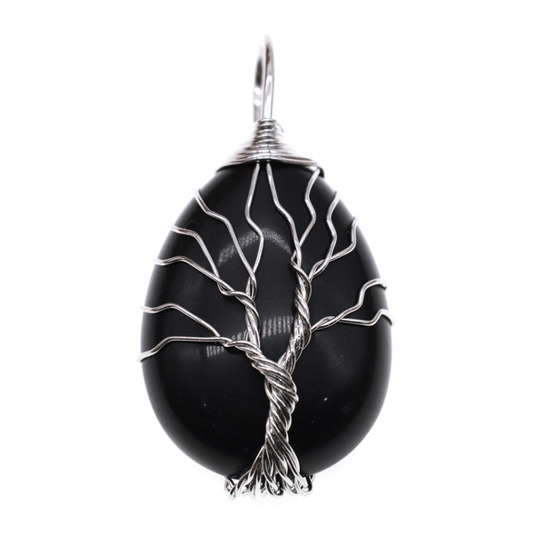 Tree of Life Wire Wrapping Teardrop Shape Stone Pendant Part 25x36mm - Black Obsidian (Pure Black)