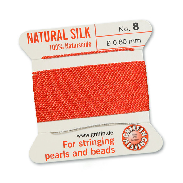 Griffin 100 % Natural Silk 2m 1 needle  - Size 8 coral