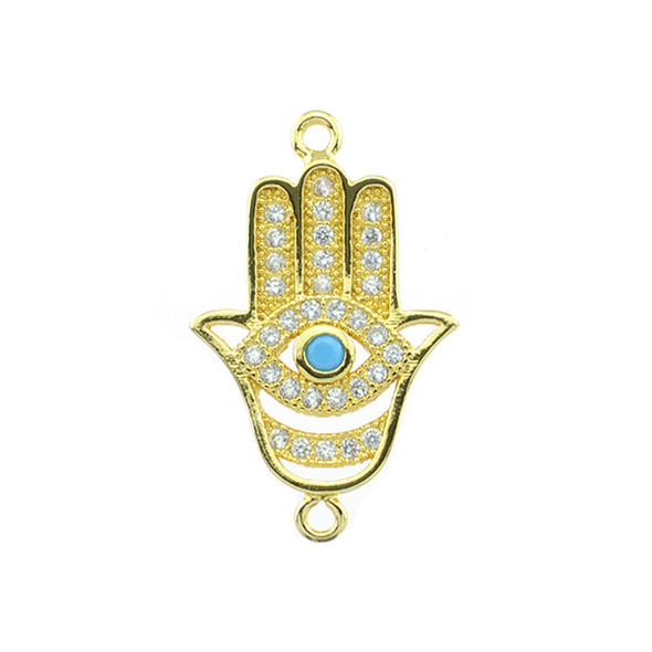 14x22mm Microset White/Blue CZ Hamsa Hand Connector (Gold Plated)