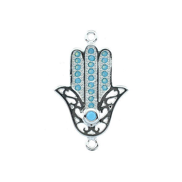 14x22mm Microset Blue CZ Hamsa Hand Connector (Rhodium Plated)