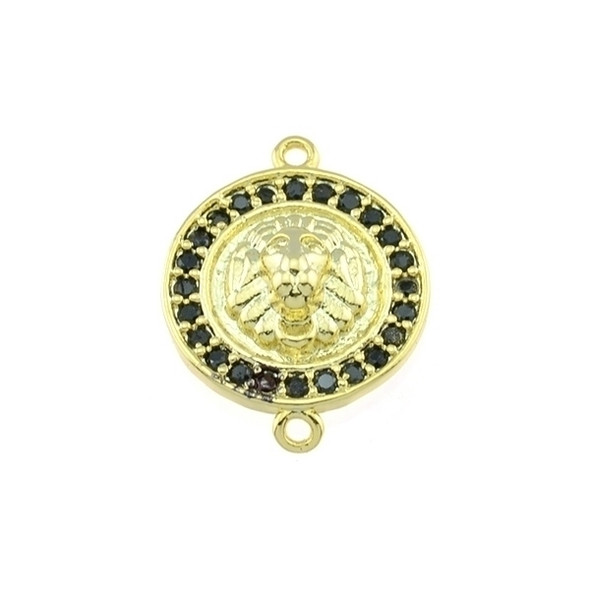 14mm Microset Black CZ Lion Head Coin Connector (Gold Plated)