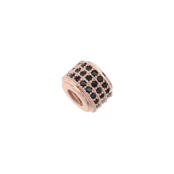 6x8mm Microset Black CZ Triple Row Circle Spacer Large Hole (Rose Gold Plated)