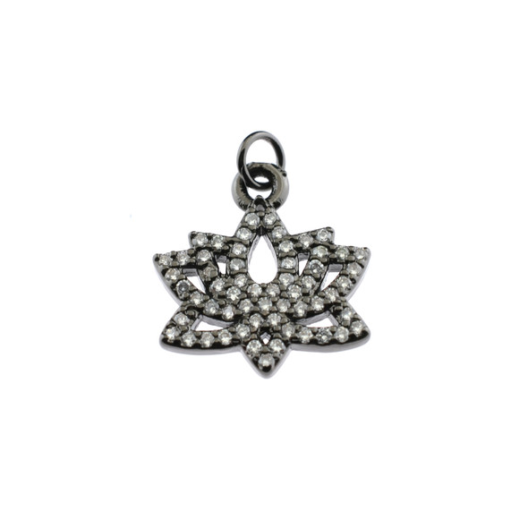 14x17mm Microset White CZ Lotus Charm (Black Rhodium Plated)