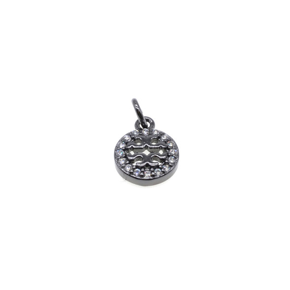 8mm x 10mm Microset White CZ Round Flat Design Charm (Black Rhodium Plated)