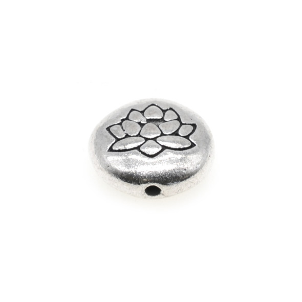 Pewter Lotus Coin Puff Large Bead 13mm x 13mm x 6mm (12 Pcs)