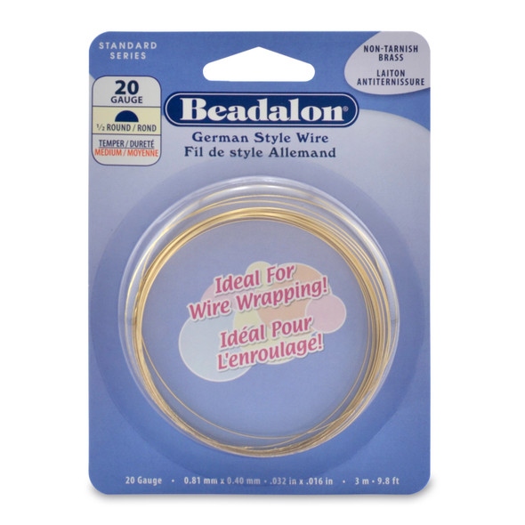 German Style Wire, Half Round, Tarnish Resistant Brass, 20 gauge (.032 in, .81 mm), 3 m (9.8 ft)