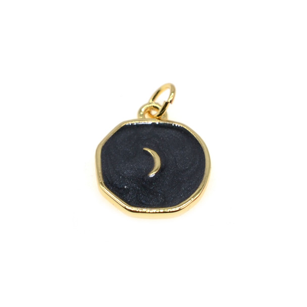 13x15mm Enamel One Side Hexagon Black Pearl Moon Charm (Gold Plated) - 2/Pack